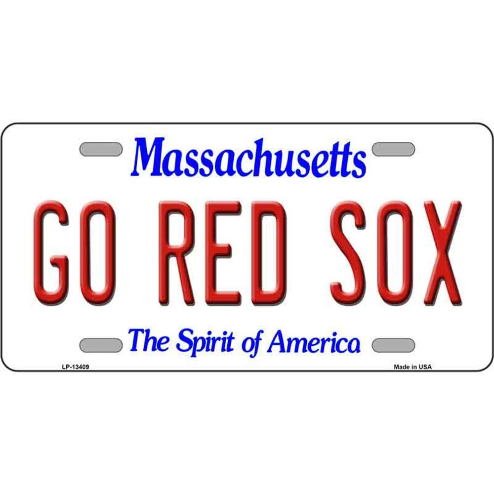 Go Red Sox License Plate Tag Metal Boston  Wall Sign Baseball White New